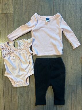 Old Navy Pink Long-Sleeve Top, Floral Bodysuit & Black Pants Set